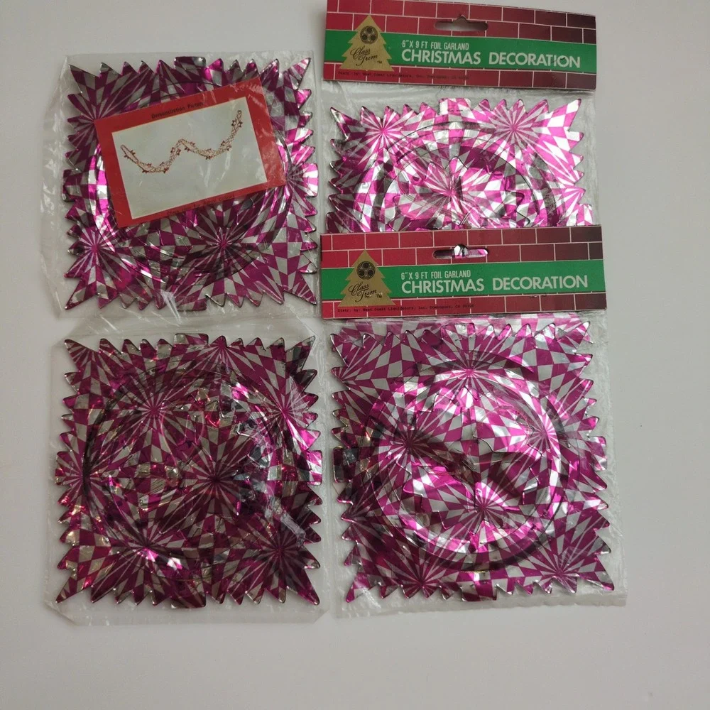Vtg Metallic Pull Out Christmas Garland Class Trim Foil Silver Pink Decoration